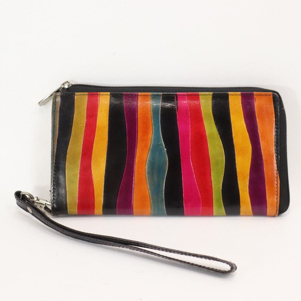 Festival Leather Wristlet Wallet Multicolor Offset Striped Cards Coin Clutch